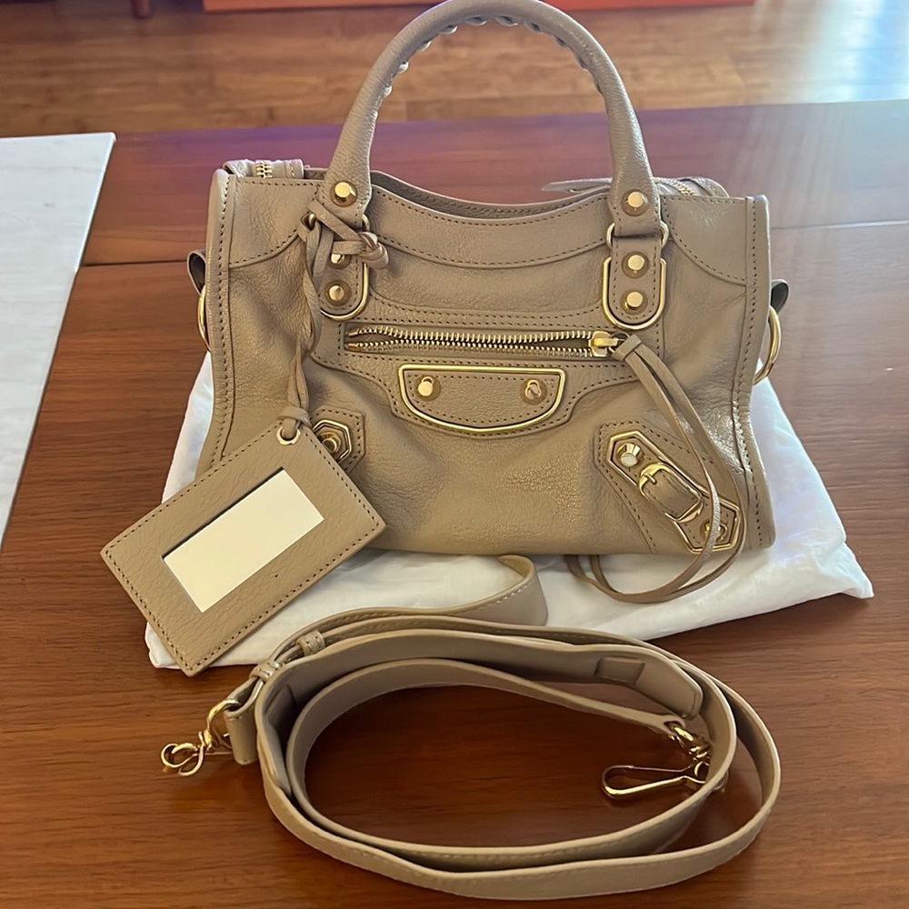 Balenciaga mini city motor bag in beige with gold hardware